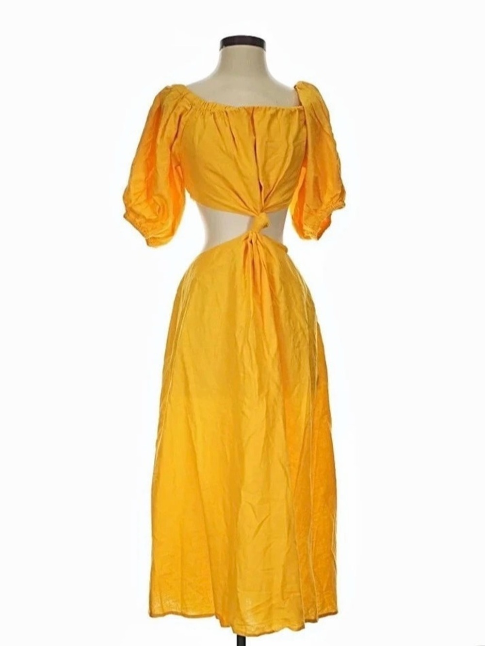 FARM Rio Yellow Midi Dress Puff Sleeve Cutout Midi Dress in Yellow Size Small